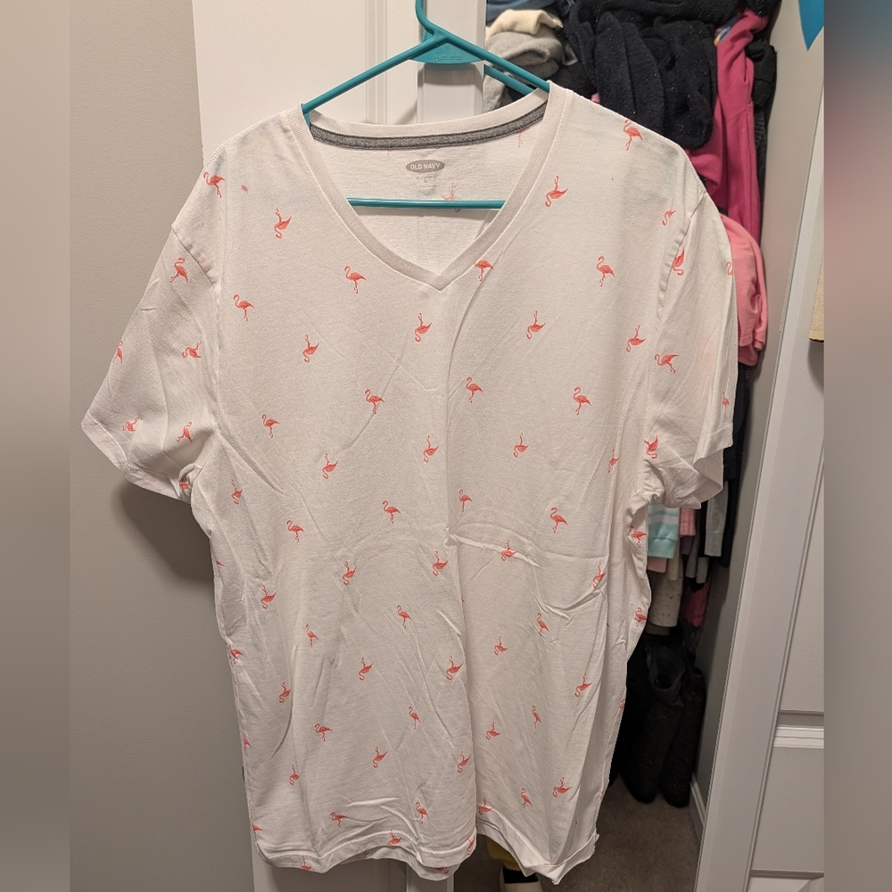 Old Navy Soft-Washed White Tee with Pink Flamingos